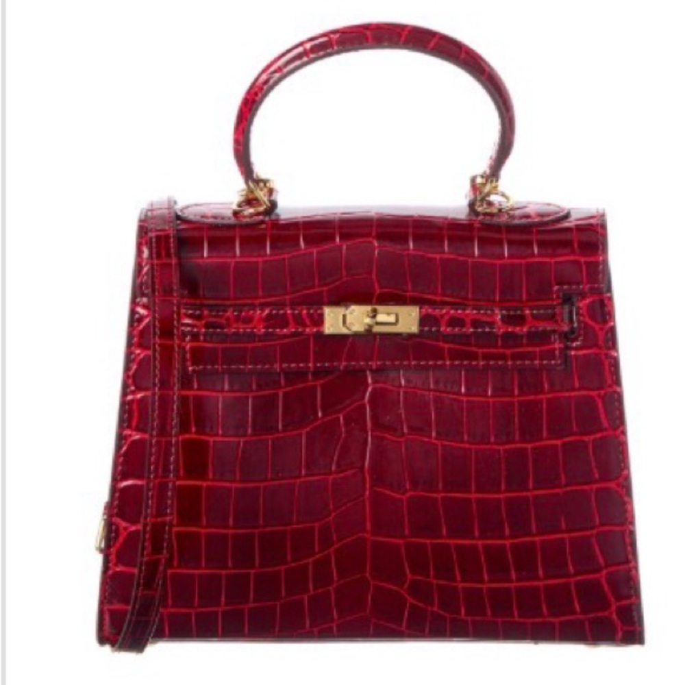 Red Croc-Embossed Structured Top Handle Satchel
